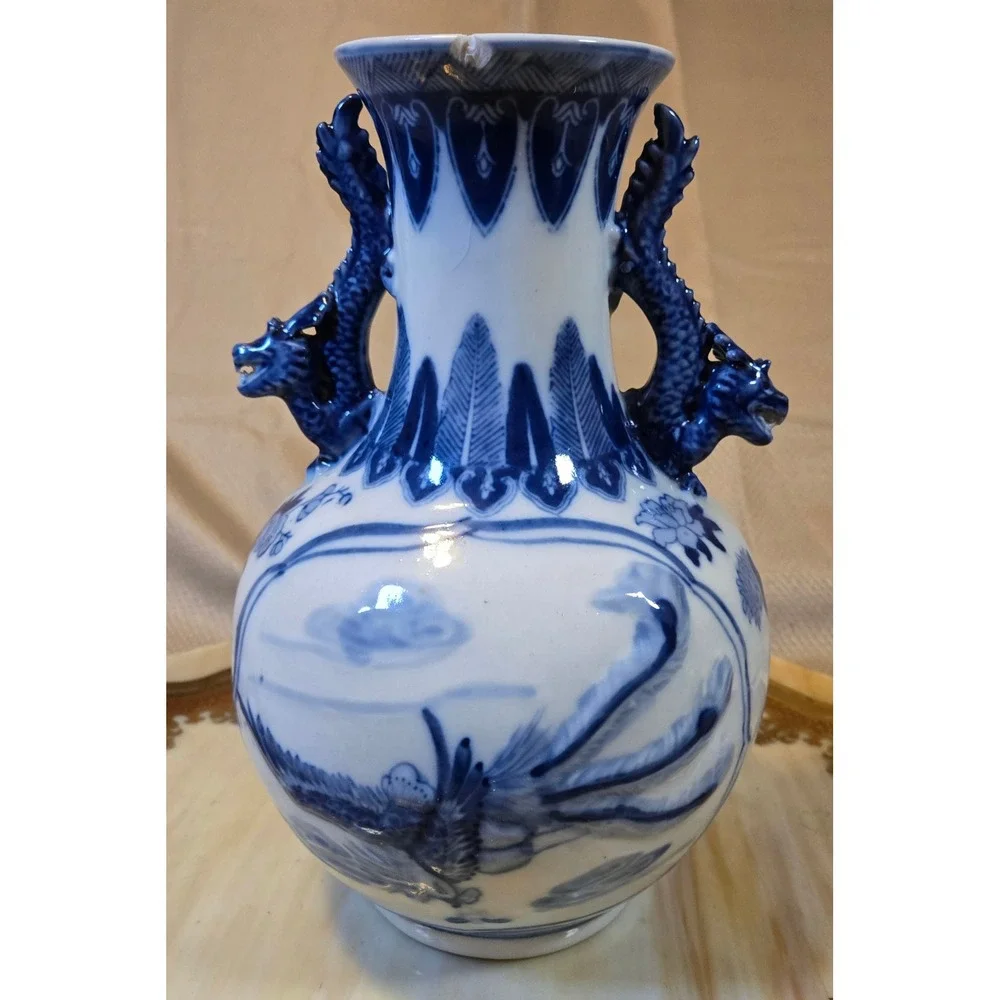 Vintage Chinese Blue White Porcelain Dragon Phoenix Vase Dragon Handles 10